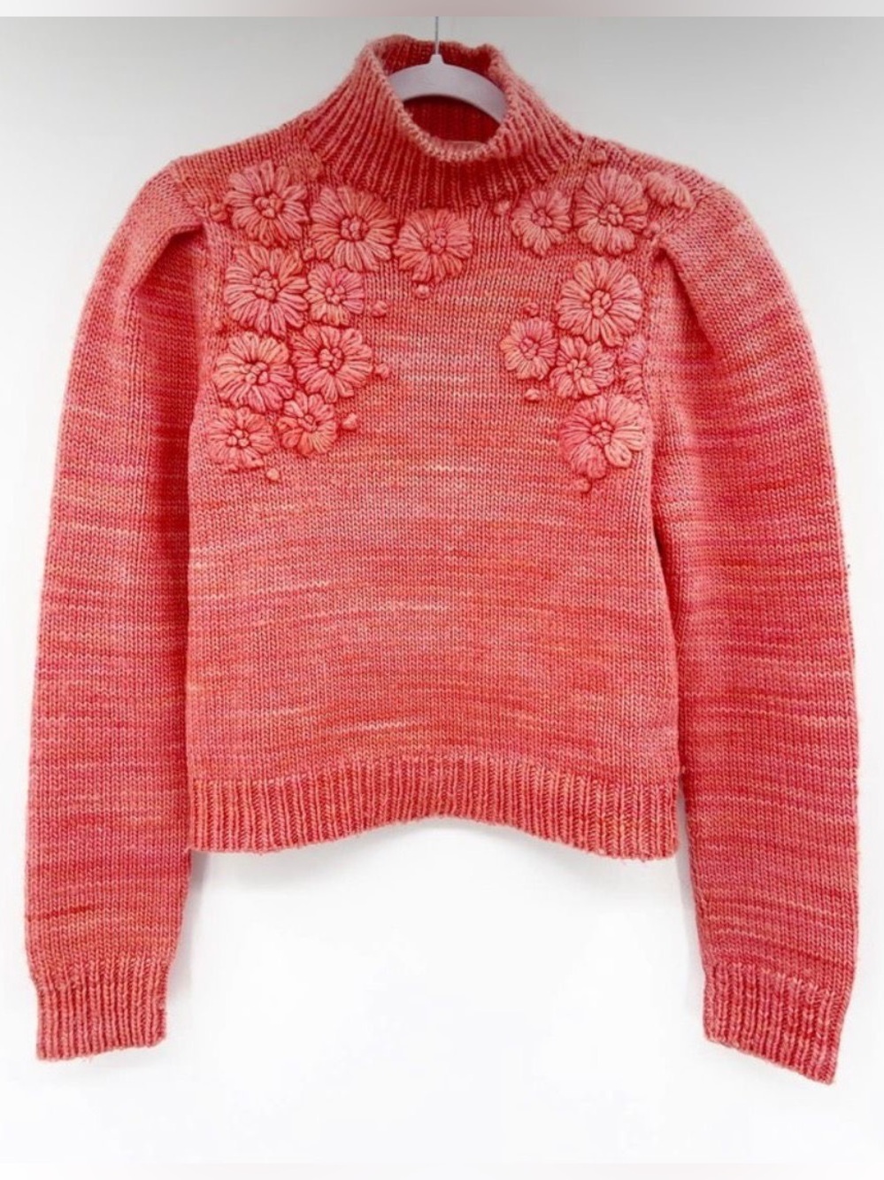 ULLA JOHNSON Calla Embroidered Wool Turtleneck Sweater in Coral S